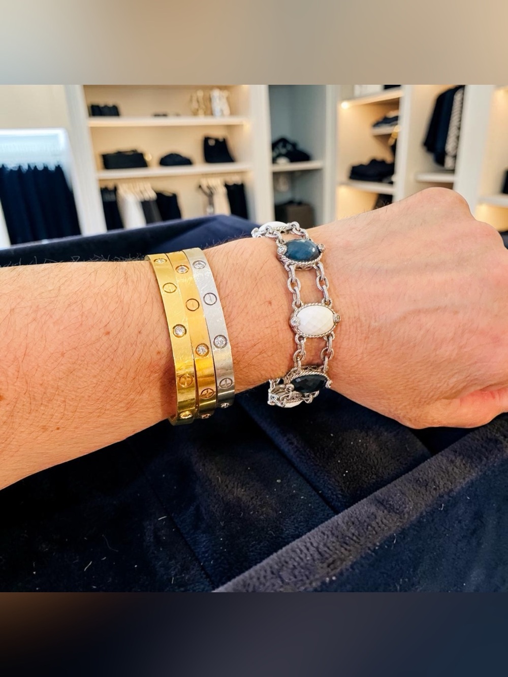 Judith Ripka Luxury Vintage Silver Blue Quartz White Agate Diamonique Bracelet